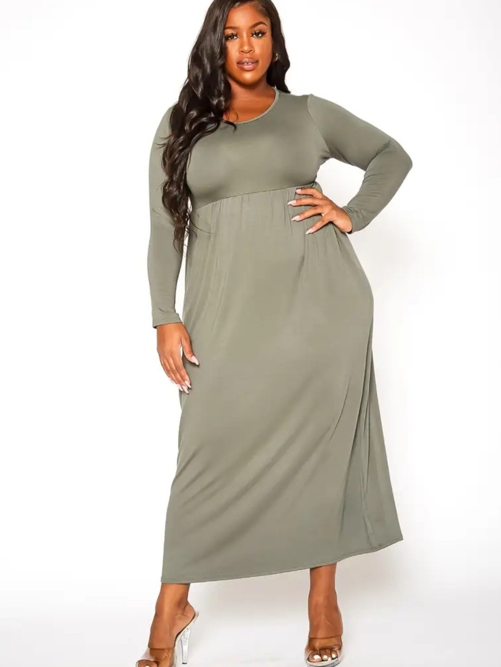 Plus Size Olive Green Long Sleeve Maxi Dress